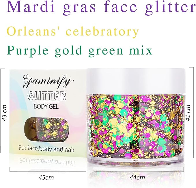 Mardi Gras Gold Hair Face Glitter,Mardi Gras Outfit for Women,Green Purple Gold Mixed Holographic Body Glitter,Festival Chunky Sequins Carnival Costume New Orleans Decorations