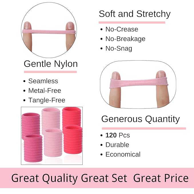 LuSeren 120 Pcs Pink Hair Ties for Women, No Damage Soft Seamless Nylon Hair Elastics for Thick Hair, Ponytail Holders, 3 Gradient Pink Hair Accessories