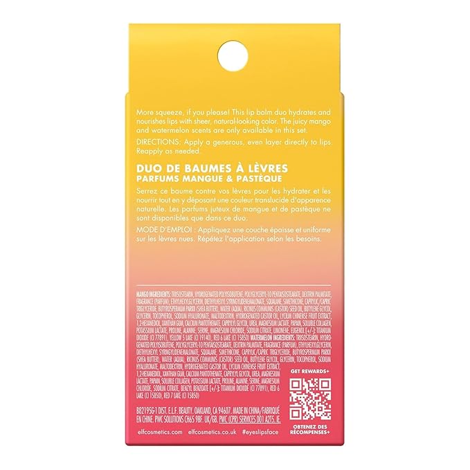 e.l.f. Squeeze Me More Lip Balm Duo, Moisturizing Balm For A Sheer Tint Of Color, Made With Hyaluronic Acid, Vegan & Cruelty-Free, Mango & Watermelon (Pack of 2)