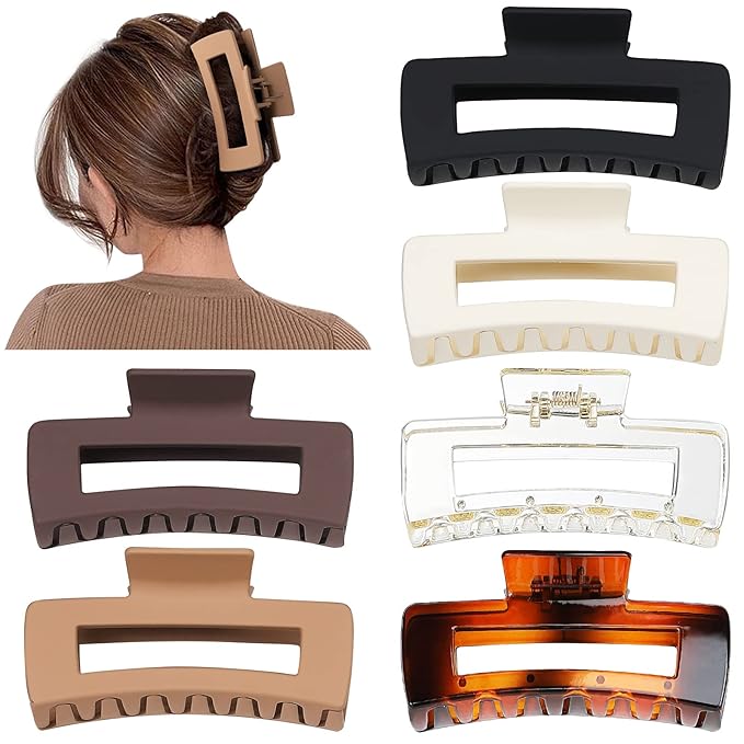 4 Inch Big Hair Claw Clips 6 Pcs Large Claw for Thick Hair Square Hair Clips for Women Rectangle Hair Clips Nonslip Acrylic Banana Jaw Clips Hair Accessories for Girls (Amber)