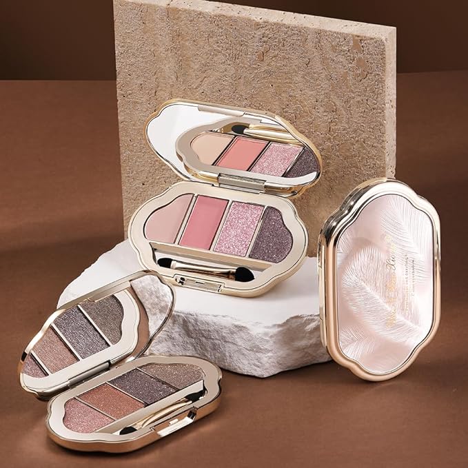 4-Color Eyeshadow Palette, Matte & Shimmer Neutrals, Highly Pigmented & Blendable, Everyday Natural Makeup, Travel-Friendly Compact, Warm Caramel Brown