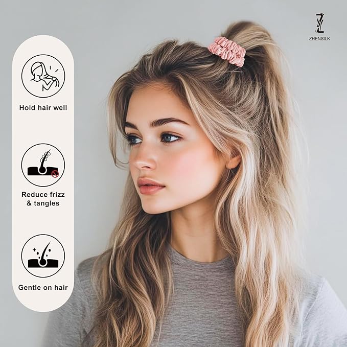 8Pcs Silk Scrunchies Hair Ties for Women & Girls, Mulberry Silk Scrunchies No-Damage Thin Satin Ponytail Holders for Hair Care(Clolor 09)