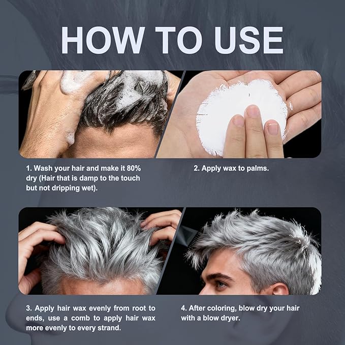 JVR Temporary Silver White Hair Color Wax for Women Men Natural Matte Color Hair Dye Wax, 2 IN1 Girl Boy Hair Styling Mud Washable Disposable Hair Style All Day Hold for Party, Cosplay