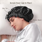 YFONG Double Layered 100% Mulberry Silk Bonnet for Sleeping Women, 22 Momme 6A Luxury Silk Sleep Cap with Elastic Band & Tie, Natural Night Wrap for Hair Care Short Long Curly Hair, Black