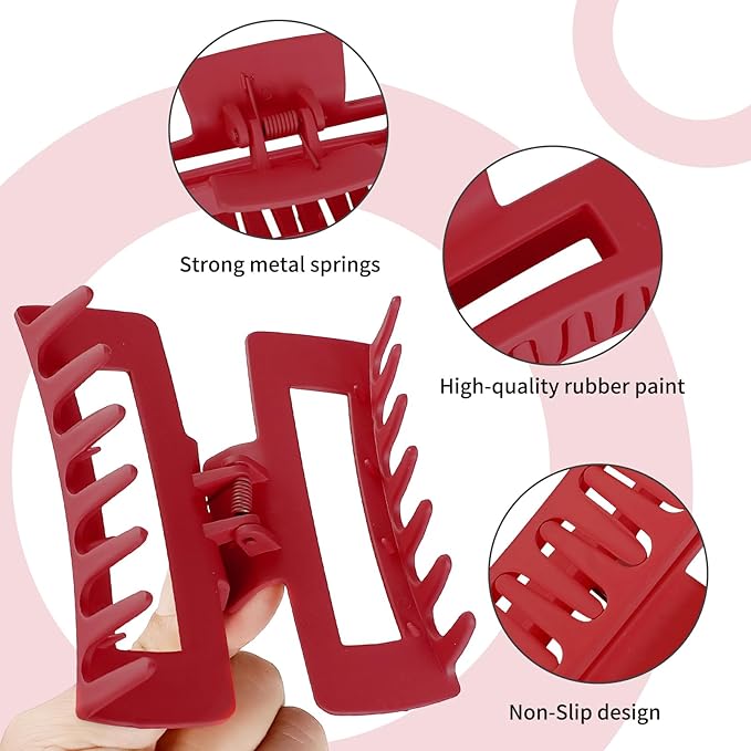 4 Inch Big Hair Claw Clips 6 Pcs Large Claw for Thick Hair Square Hair Clips for Women Rectangle Hair Clips Nonslip Acrylic Banana Jaw Clips Hair Accessories for Girls (Red)