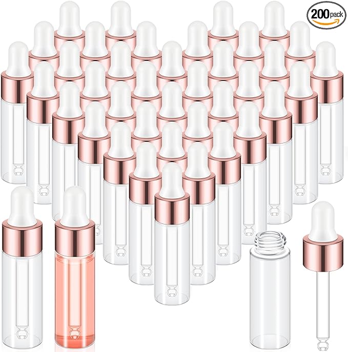 200 Pcs Mini Glass Oil Dropper Bottle Bulk, Clear Essential Small Empty Bottles Sample Containers Perfume Liquid Vials with Cap for Traveling (5 ml,Rose Gold)