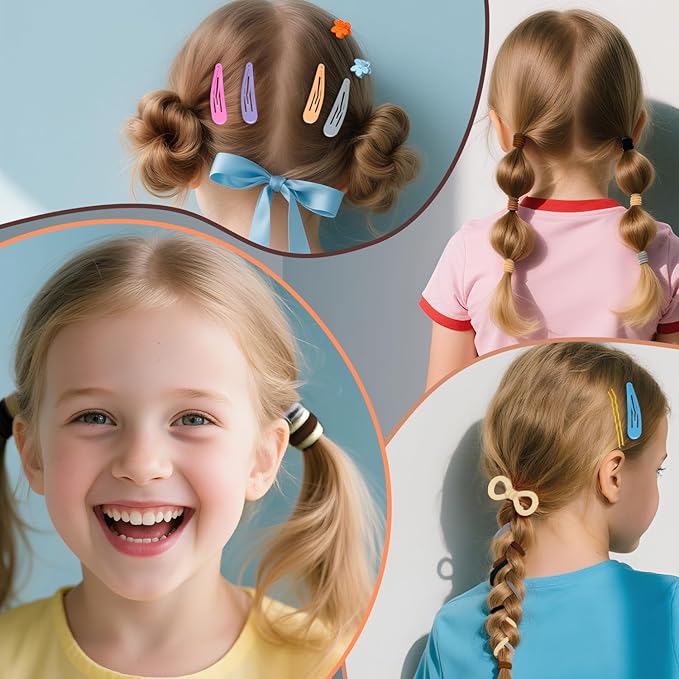 TsMADDTs Hair Accessories, Elastic Hair Ties for Baby Toddlers Kids Girls, 6 Colors Small Rubber Bands Set with Ties and Clips, Styling Tools