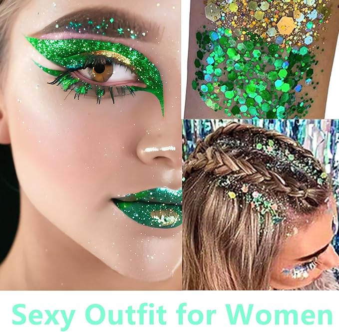 Go Ho Green Face Body Glitter,St Patricks Day Face Glitter Makeup,Green Face Paint Holographic Chunky Sequins Glitters for Eye Lip Hair Nails,Festival Rave Accessories,52g