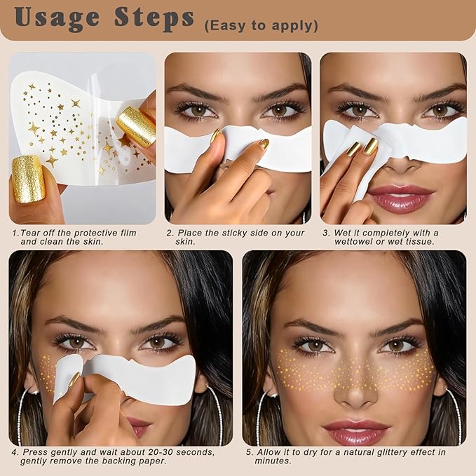 Glitter Freckles Face Tattoo - 12PCS Gold Sparkle Freckles Temporary Face Tattoos for Women, Glow Up Makeup Patches