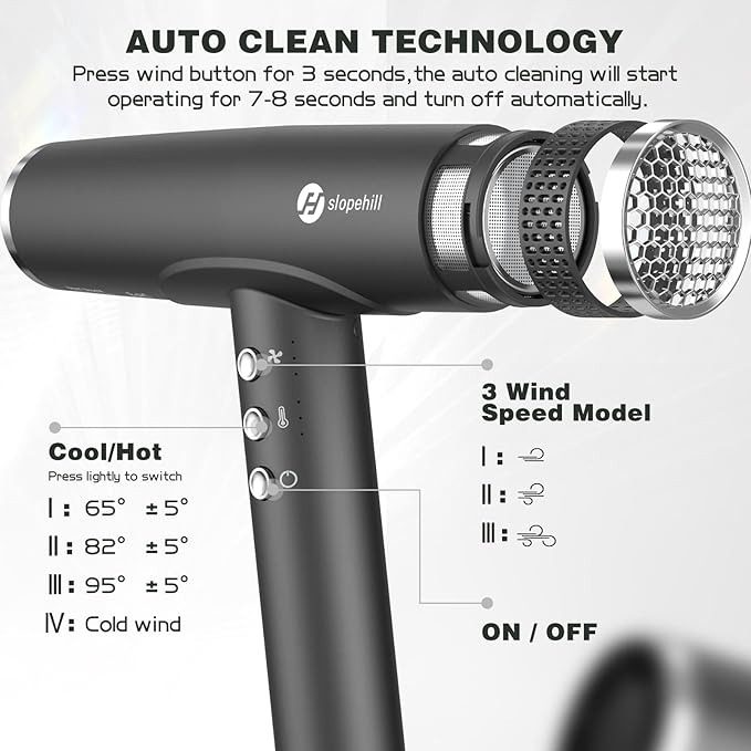 slopehill Professional Ionic Hair Dryer with Diffuser - Lightweight, Compact, Powerful & Fast Salon Blow Dryer with High Speed Brushless Motor for Travel, Women & Men (Ceramic, Dark)
