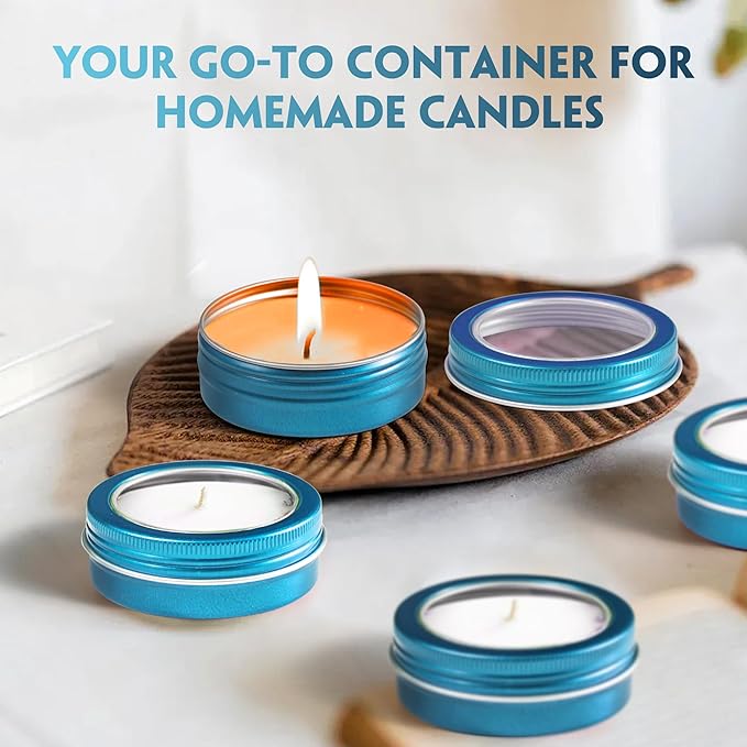 24 Pack 2 Ounce Screw Top Aluminum Tin Jar with Screw Clear Lid and Blank Labels, Refillable 60ml Metal Containers for Lip Balms, Candles, Salves, Spices, Crafts (Lake Blue)