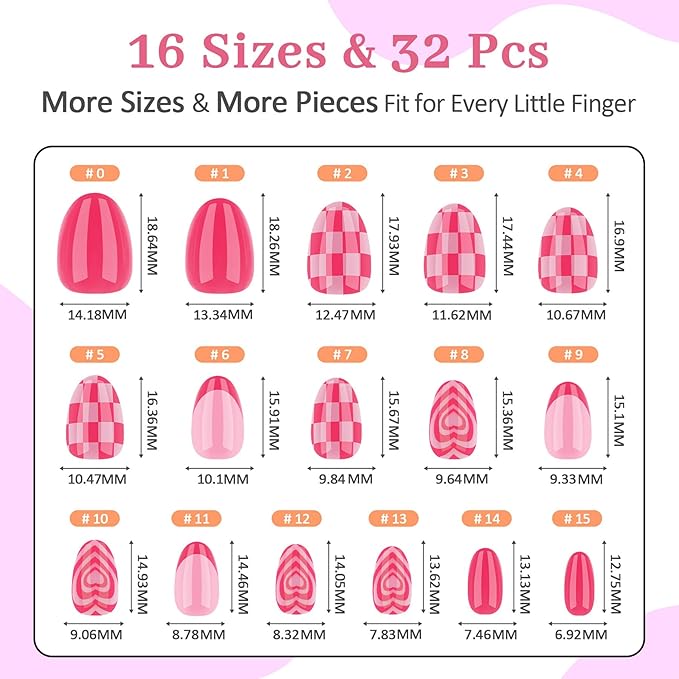 16 Sizes Press on Nails Kit for Kids - 32 Pieces French Almond Fake Nail Tips for Girls 8-12 Years Old with Jelly Nail Adhesives & No-Lamp Nail Glue, Birthday Christmas Gifts (Rose Pink Grid)