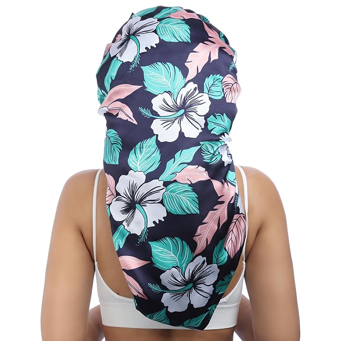 AWAYTR Long Satin Bonnet for Braids - Elastic Silk Hair Bonnets for Sleeping Night Cap Stretchy Tie Band for Women（Flower D）