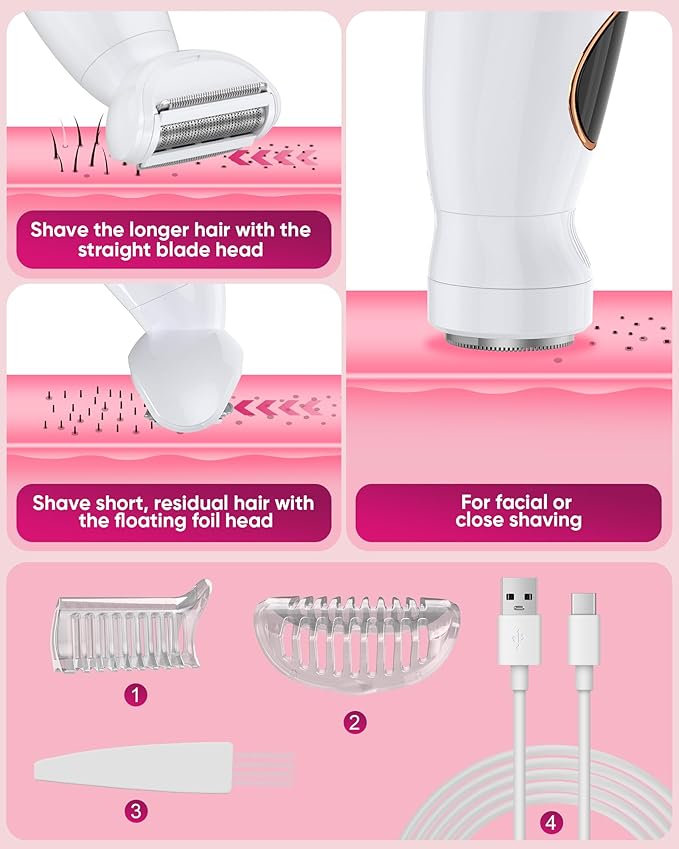 3 in 1 Bikini Trimmer for Women, Electric Razors for Women with Display, Painless Bikini Trimmer, USB Charging, Electric Shaver for Woman,Shaver for Woman for Face, IPX7 Waterproof,White