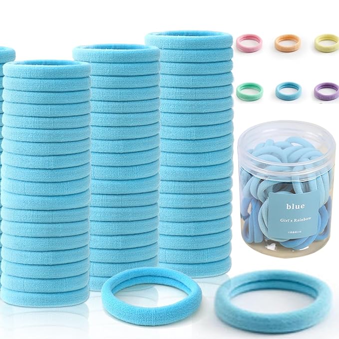 Blue Hair Ties - 100 Pcs Seamless Ponytail Holders - No Damage Thick Hair Bands for Women & Girls