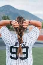 K'lani Game Day Hair Tie Bracelets – 5-Pack Stretchy No-Crease Hair Ties & Stylish Bracelets – Team Color Accessory for Hair or Wrist - Crimson & Navy, Medium