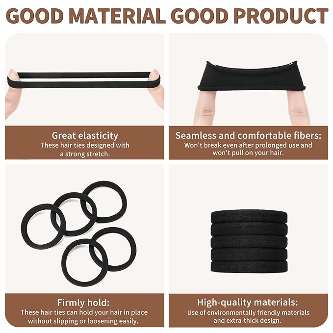 Hair Ties Black 100Count Extra Thick 5CM, Bulk Elastic Hair Bands for Thick Heavy Hair, Seamless Hair Accessories for Girls Women, Ponytail Holder (Black)