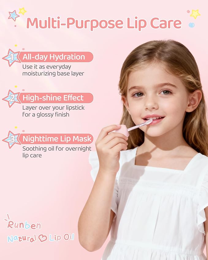 RUNBEN Baby Hydration Lip Oil, 48H Lasting Moisturizing, Clean & Non-toxic, Kids Chapped Lips Care, Fragrance Free（Clear)