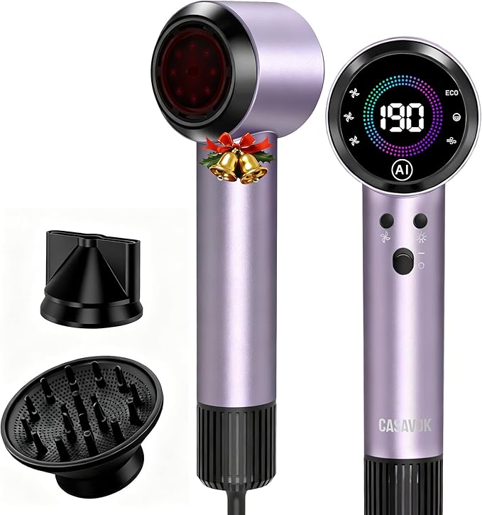 Ionic Hair Dryer with Auto-Adjusting Sensor,AI Hair Dryer with Magnetic Diffuser,100000 RPM High-Speed Hair Blow Dryer for Fast Drying,Compact Blow Dryer with 500M Plasma,Hair Dryers for Women(Purple)