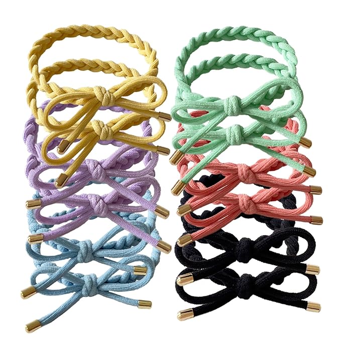 12 PCS Colorful Braided Hair Ties Bow Tie Hair Bracelets for Women Girls Elastic Hair Ties No Damage Ponytail Holders(6 Colors)