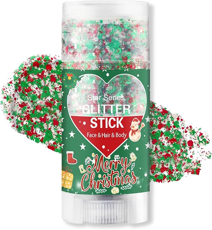 Christmas Body Glitter Stick, Waterproof Halloween Face Glitter Gel, Chunky Glitter Face Paint, Green Red White Sequin Hair Glitter Makeup for Women and Kid (Green Red White)