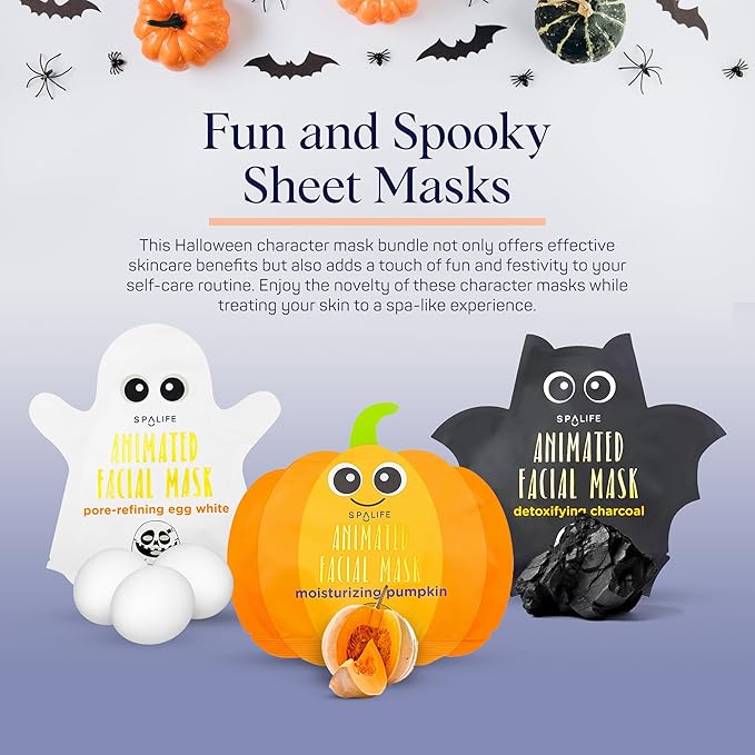 SpaLife Facial Mask Sheet Bundle - Pumpkin, Ghost, Bat - Halloween Character Mask Bundle - Face Masks for Skin Care - Moisturizing Sheet Face Masks - Skincare Pack for Women - Spa Beauty Masks