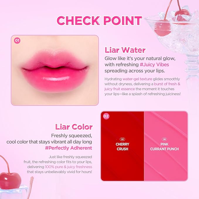lilybyred Juicy Liar Water Tint | Korean Vivid Water-Gel Lip Stain, Fresh Fruit Colors, Intense Long-Lasting Stain, Moisturizing, Transfer-Proof, Lightweight Finish, 0.16 oz. (08 Pink Currant Punch)