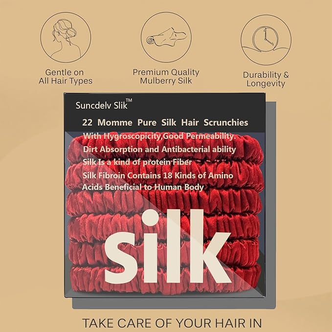 Suncdelv Silk,100% Silk Scrunchies for Hair,22 Momme Hair Ties for Anti-Crease & Breakage,Natural Women Hair Accessories，Fashion Hairbands 6PCS（Red）