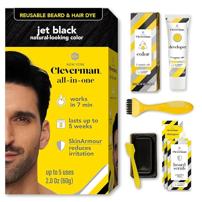 CLEVERMAN Jet Black Hair & Beard Dye for Men, All-in-One Reusable Kit - Permanent, Ammonia-Free, Professional-Quality and Natural-Looking Gray Coverage for Hair, Beard & Mustache