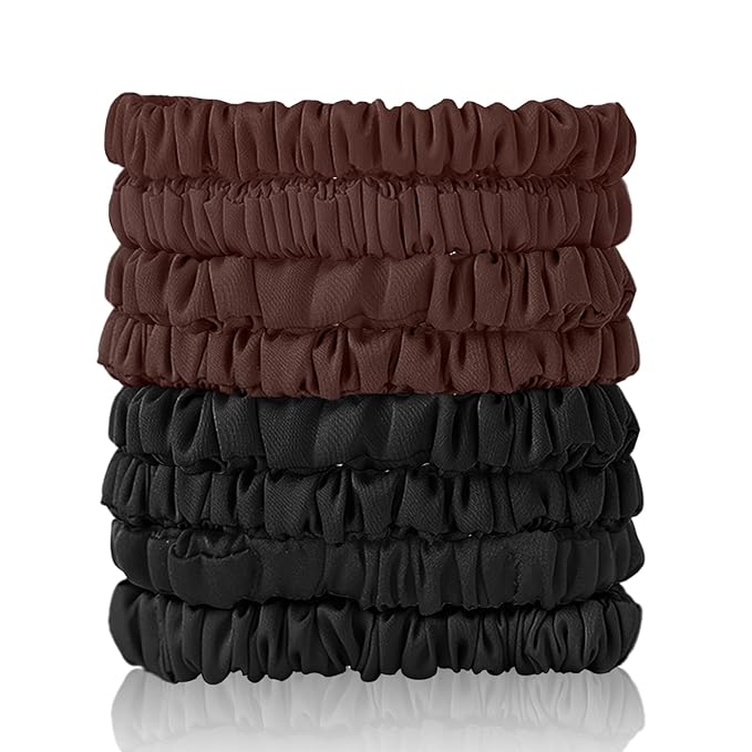 8Pcs Mulberry Silk Scrunchies & Hair Ties - No Crease Skinny Scrunchies Elastic Set for Women All Hair Types, Reduces Breakage