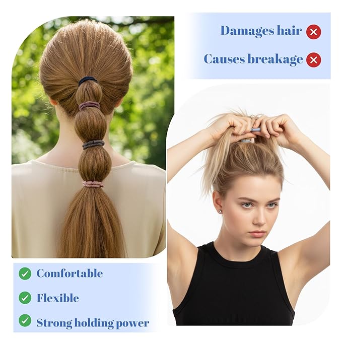 24PCS Ponytail Holders for Thick & Thin Hair, Multicolor Boho Seamless Elastic Hair Ties No Damage Elastics Soft Rubber Bands Hairties for Women Girls, Light Blue/Blue/Gray/Skin/Gray/Coffee
