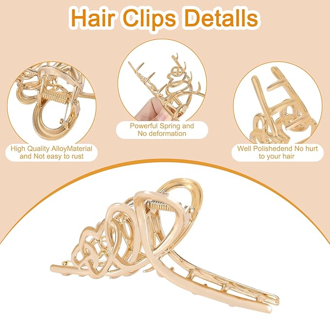 LUKACY 6 Pack Large Metal Hair Claw Clips - 4 Inch, Perfect Big gold Jaw hair clamps for Women and Thinner, Thick hair styling,Strong Hold, Fashion Hair Accessories (Style 5)