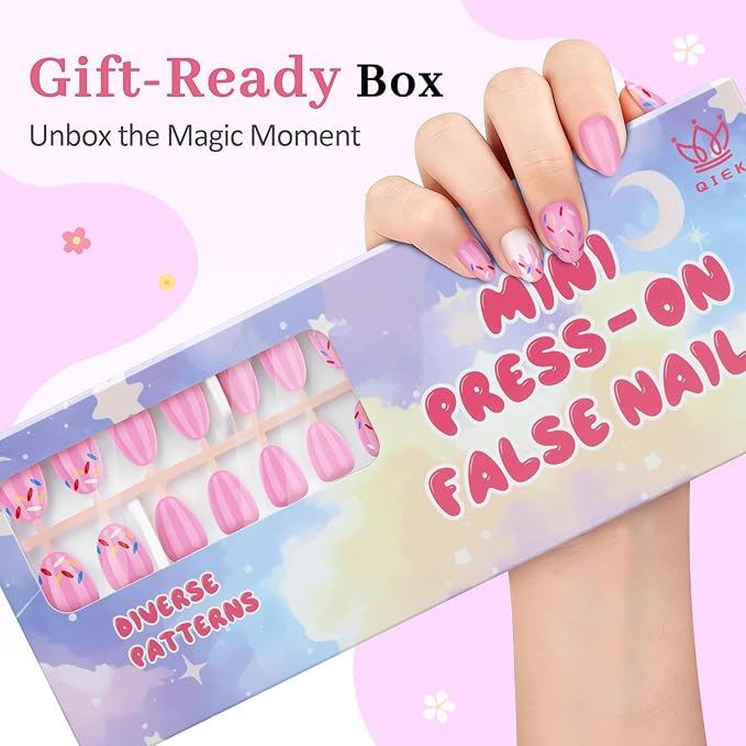 16 Sizes Press on Nails Kit for Kids - 32 Pieces French Almond Fake Nail Tips for Girls 8-12 Years Old with Jelly Nail Adhesives & No-Lamp Nail Glue, Birthday Christmas Gifts (Pink Ice Cream)