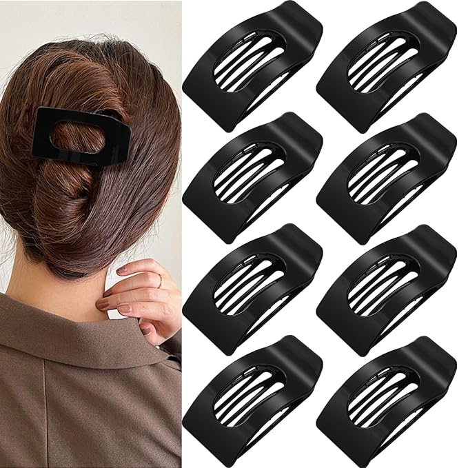 8 Pack Black Flat Hair Clips for Women – Large Glossy Rectangle No-Slip Claw Clips for Thick & Thin Hair, Strong Hold Square Hair Accessories for Work & Daily Styling