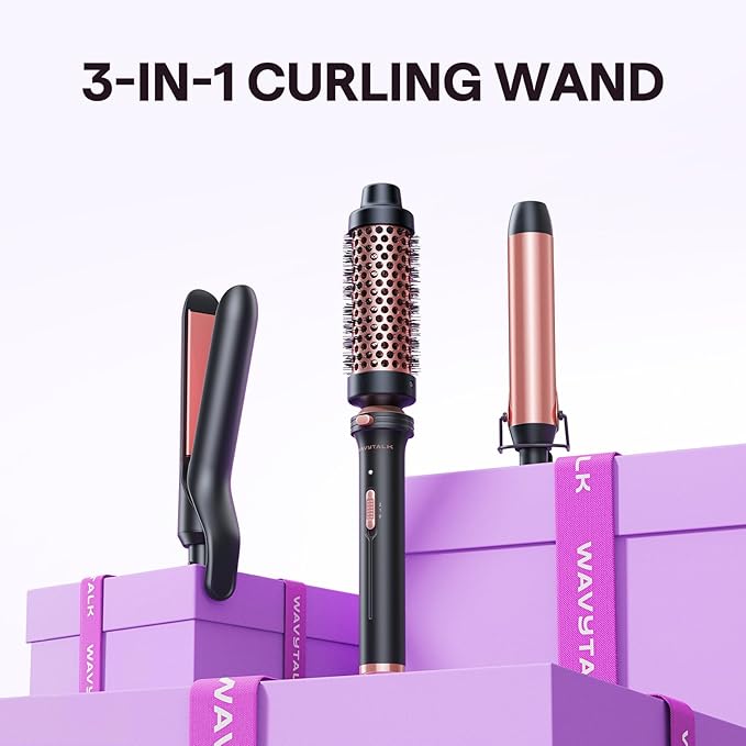 Wavytalk 3 in 1 Curling Wand Set, Multi Curl, Curling Iron Set with Heated Round Brush, Flat Iron Hair Straightener, 1 1/4 inch Curling Iron, Dual Voltage Hair Curler