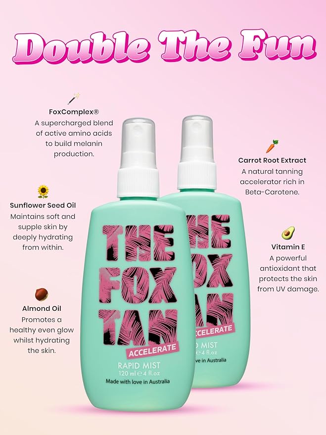 The Fox Tan Double It Mist, Tanning Accelerator for Darker and Faster Tans, Creates Flawless Tan Skin, Vegan & Cruelty Free, 120mL (2-Pack)