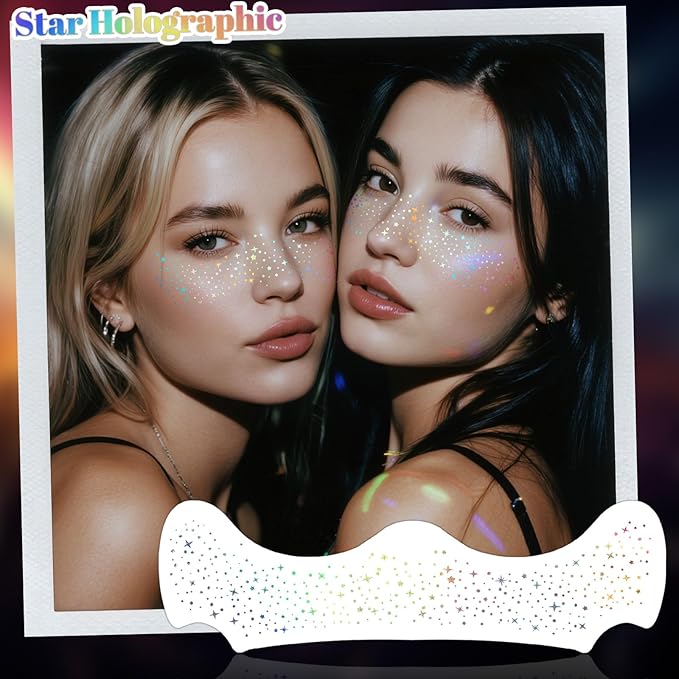 24pcs Glitter Freckles Face Tattoo - Holographic Face Sparkle Freckles Temporary Tattoos for Women Girls, Multicolor Freckles Makeup Patches for Party, Concerts, Daily Accessories