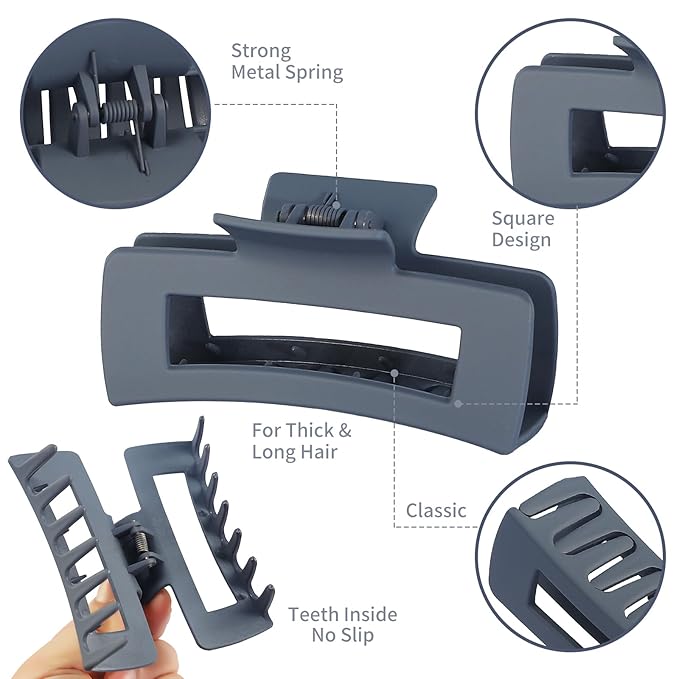 12 Pcs Large Hair Clips for Women, 4.2 Inch Square Claw Clips, Colorful Hair Claw Clips for Thick and Thin Hair, Bulk Hair Accessories for Women and Girls - Grey