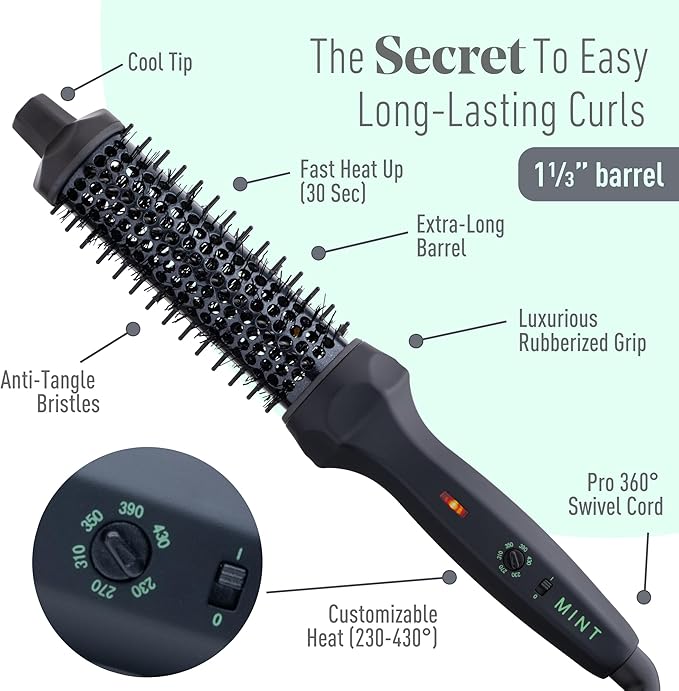 MINT Extra-Long 1 1/3 Inch Thermal Brush for Effortless Curls, Volume & Waves | 230-430°F 2-Heater Ceramic Curling Iron Brush Creates Long-Lasting Styles | Heated Round Styler