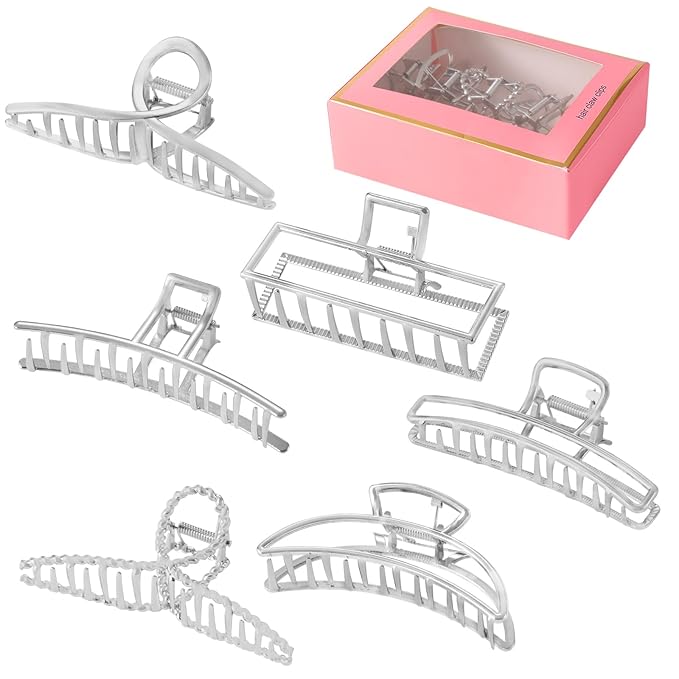 LUKACY 6 Pack Large Metal Hair Claw Clips - 4 Inch, Perfect Big silver claw clips hair clips for Women and Thinner, Thick hair styling,Strong Hold, Fashion Hair Accessories (Style 1 Silver)