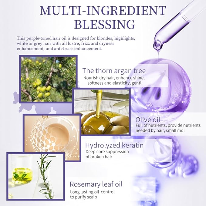Moroccan Argan Oil,Purple Hair Essential Oil—Leave Hair Soft & Shiny,Deep Moisturizer,Frizz Control,Split End Repair for Dry & Damaged Hair,Hair Treatment Oil for Dry and Frizzy—100ML