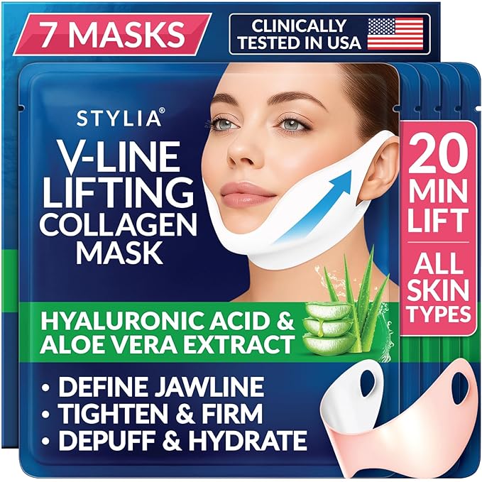 Stylia V Line Lifting Collagen Mask - Lift, Firm & Contour Jawline - Double Chin Reducer Strap with Hyaluronic Acid & Aloe - Neck Tightening and Lifting Mask - Jawline Shaper Face Lift Tape (7PC)