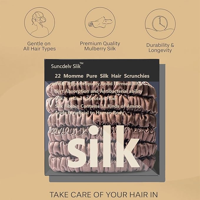 Suncdelv Silk,100% Silk Scrunchies for Hair,22 Momme Hair Ties for Anti-Crease & Breakage,Natural Women Hair Accessories，Fashion Hairbands 6PCS（Coffee）