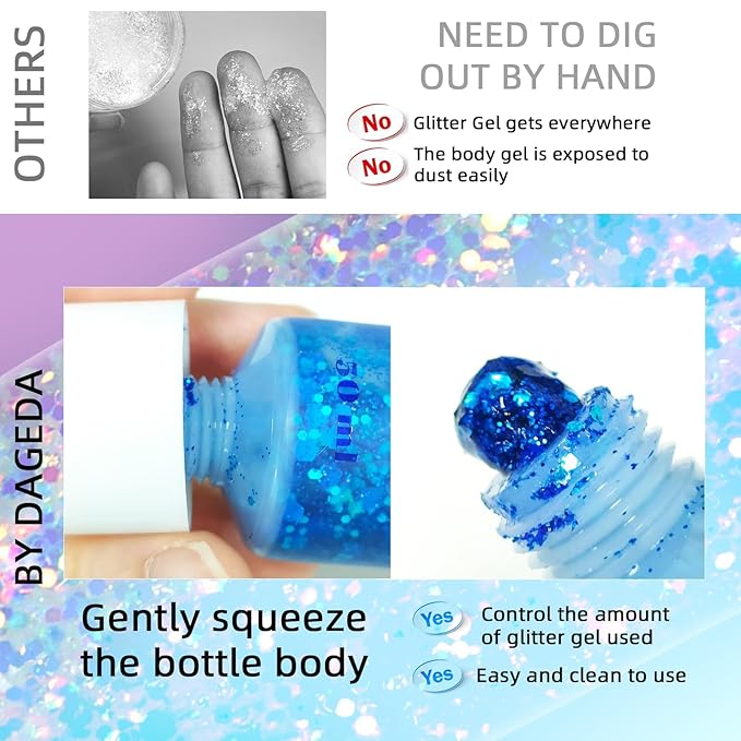 DAGEDA Body Glitter Gel, Face Glitters Body Gel Sequins Shimmer Liquid Eyeshadow, Chunky Glitter for Face Hair Nails, Holographic Cosmetic Laser Powder Festival Glitter Makeup 50ml(Blue)