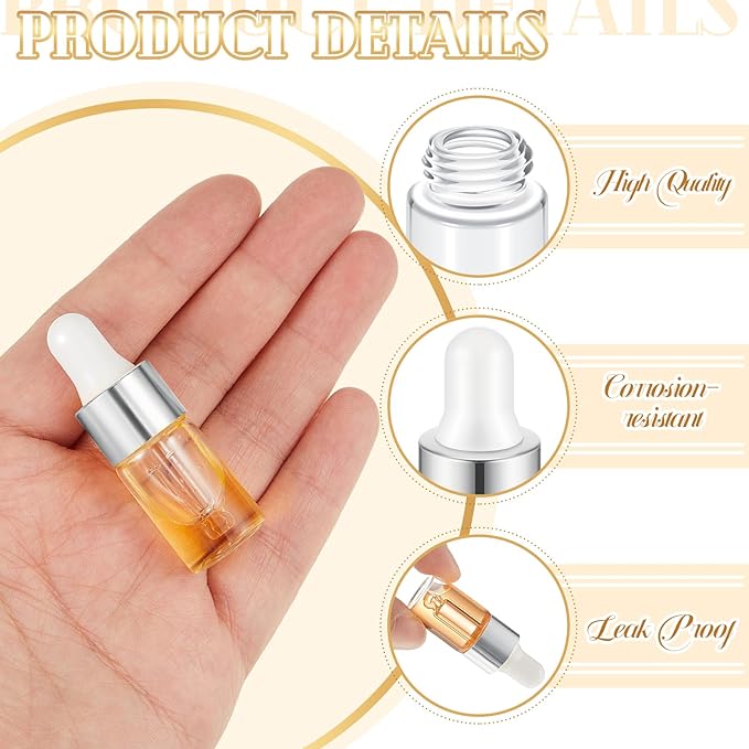 200 Pcs Mini Glass Oil Dropper Bottle Bulk, Clear Essential Small Empty Bottles Sample Containers Perfume Liquid Vials with Cap for Traveling (3 ml,Silver)