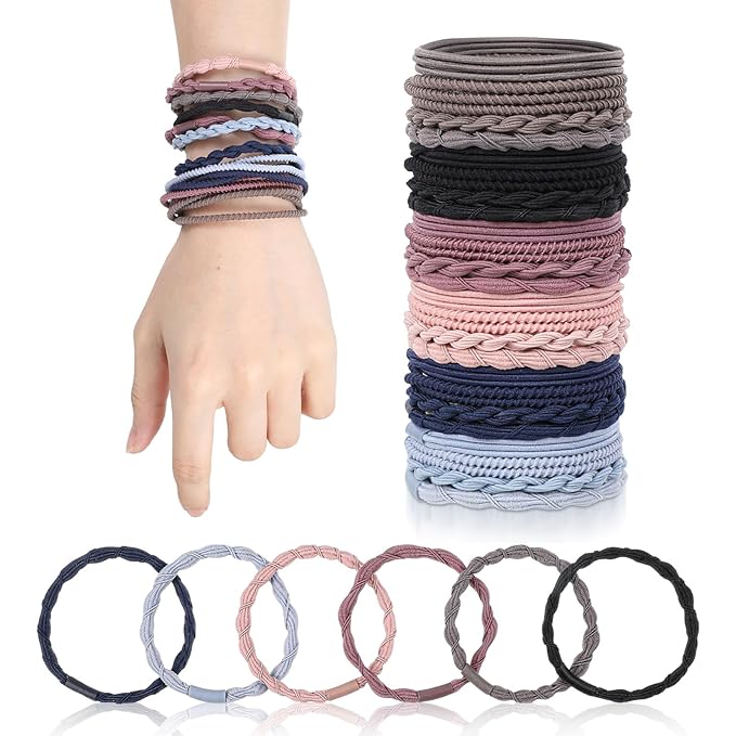 24PCS Ponytail Holders for Thick & Thin Hair, Multicolor Boho Seamless Elastic Hair Ties No Damage Elastics Soft Rubber Bands Hairties for Women Girls, Light Blue/Blue/Gray/Skin/Gray/Coffee