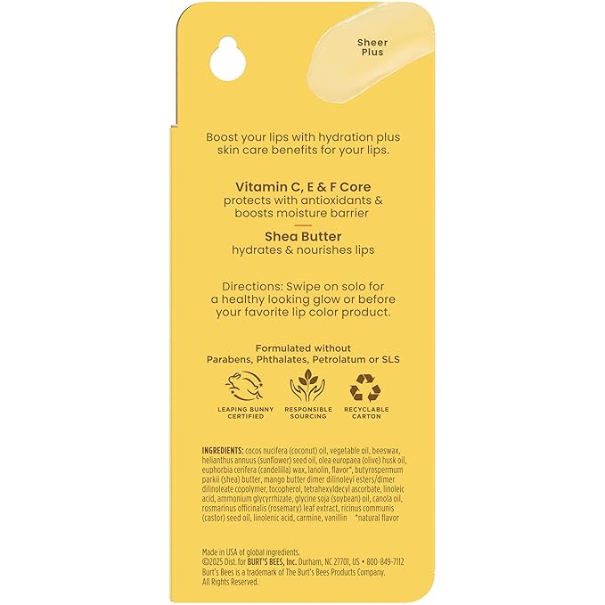 Burt's Bees Boosted Lip Balm Sheer Plus; Vitamin Lip Balm, Nourishing Vitamin C, E, and F Core; 24 Hour Moisture; Tint Free, Semi Glossy Finish; 100% Natural Origin; 1 Tube; 0.16 Oz.