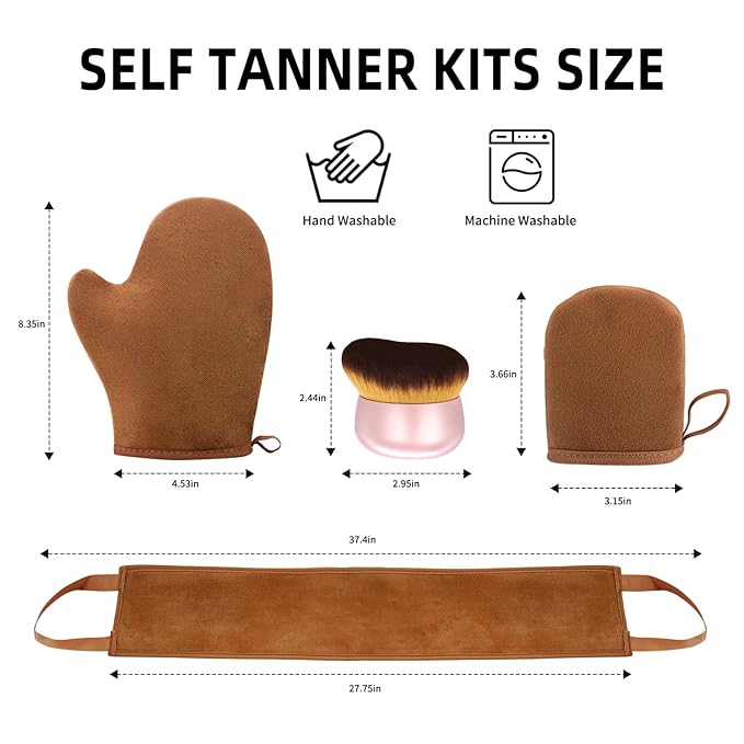 FUNAN Self Tanning Applicator Kit with Soft Mitt, Back Lotion Strap, and Ultra Soft Rose Gold Kabuki Brush, Brown, 3 Piece Set