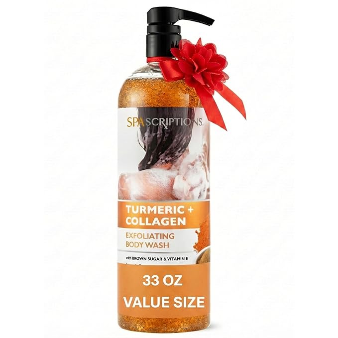 SpaScriptions Turmeric & Collagen Body Wash - Brightening Gentle Exfoliation Shower Gel Scrub for Men and Women with Brown Sugar & Vitamin E for Glowing Hydrated Skin, Scented, Paraben Free 33 fl oz