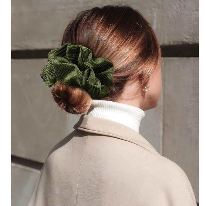 CEELGON Olive Green Big Corduroy Scrunchie 6.5 Inches Jumbo Scrunchies Hair Ties Oversized Ponytail Holder for Thick Curly Hair Extra Large Hair Accessories for Women (Olive Green)